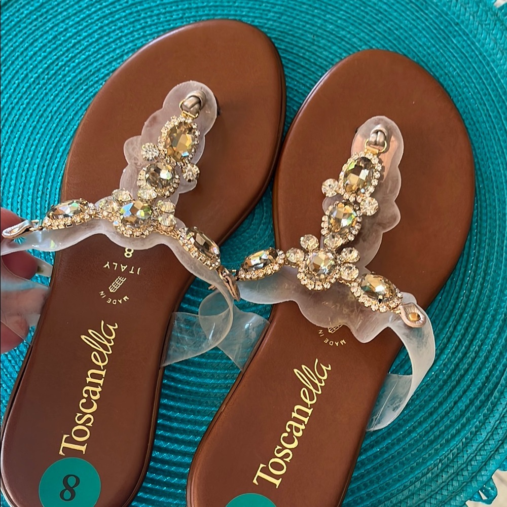 Brown and Gold Sandals with Crochet-Style Embellishment